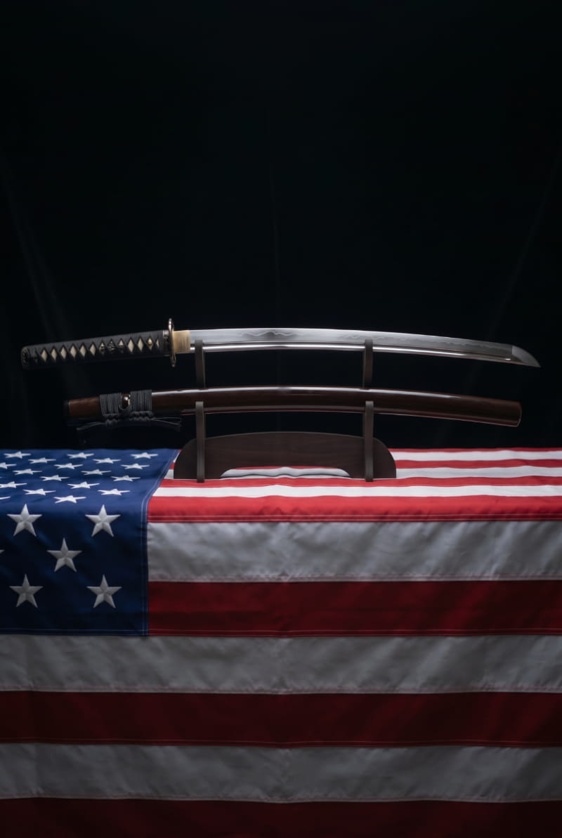 Katana displayed in front of the United States flag